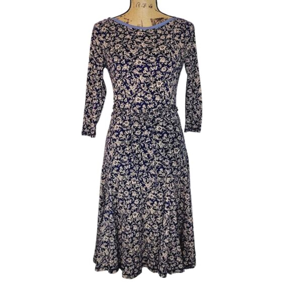 LRL Lauren Jeans Co Ribbed Knit T-Shirt Navy Floral Fit and Flare Dress Size XS